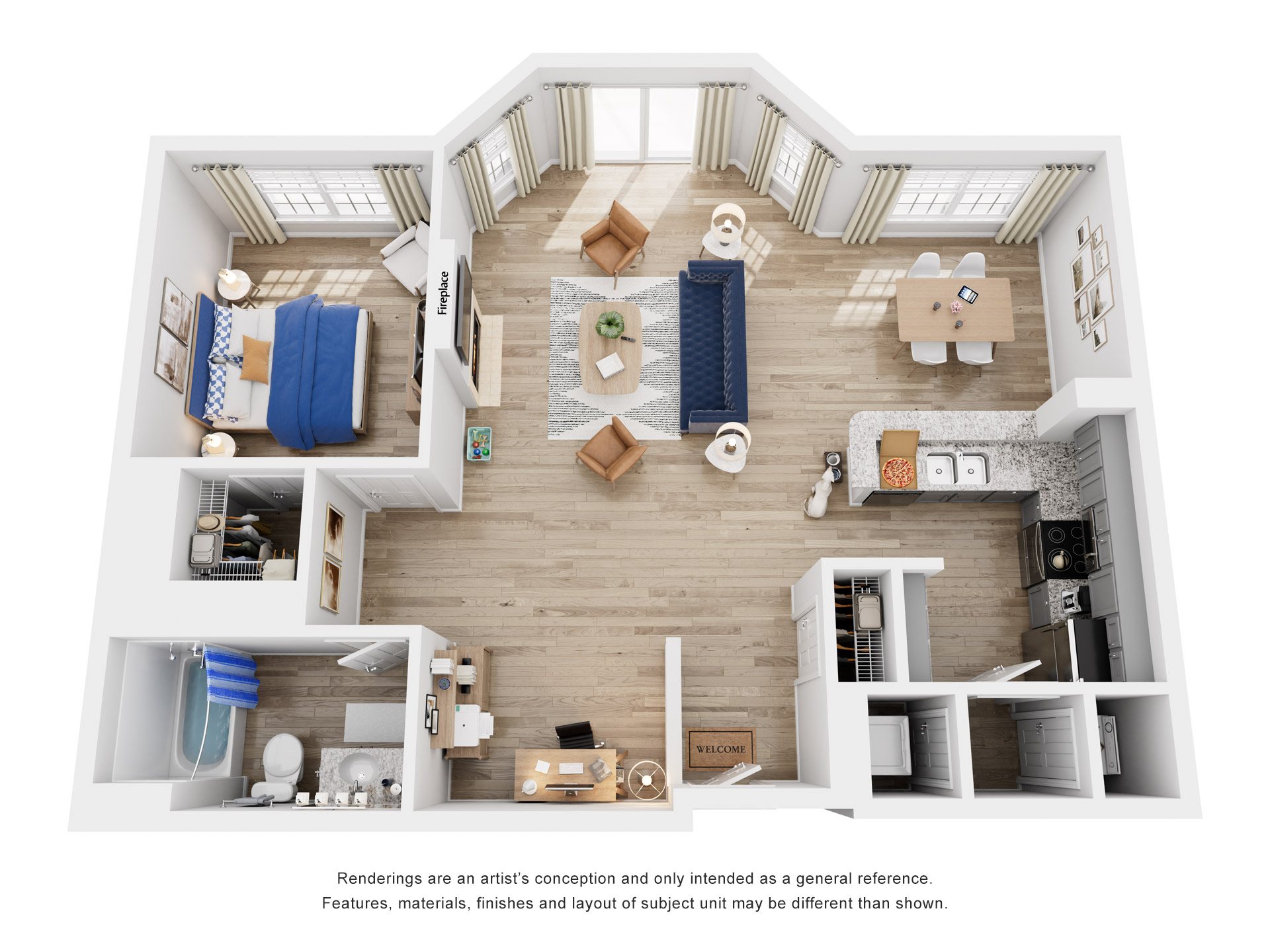 Floor plan for 1 bed, 1 bath, 974 sqft